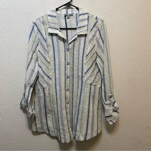 Habitat Shirt Tunic Cotton Blend Button Down Blouse Lagenlook Stripes M